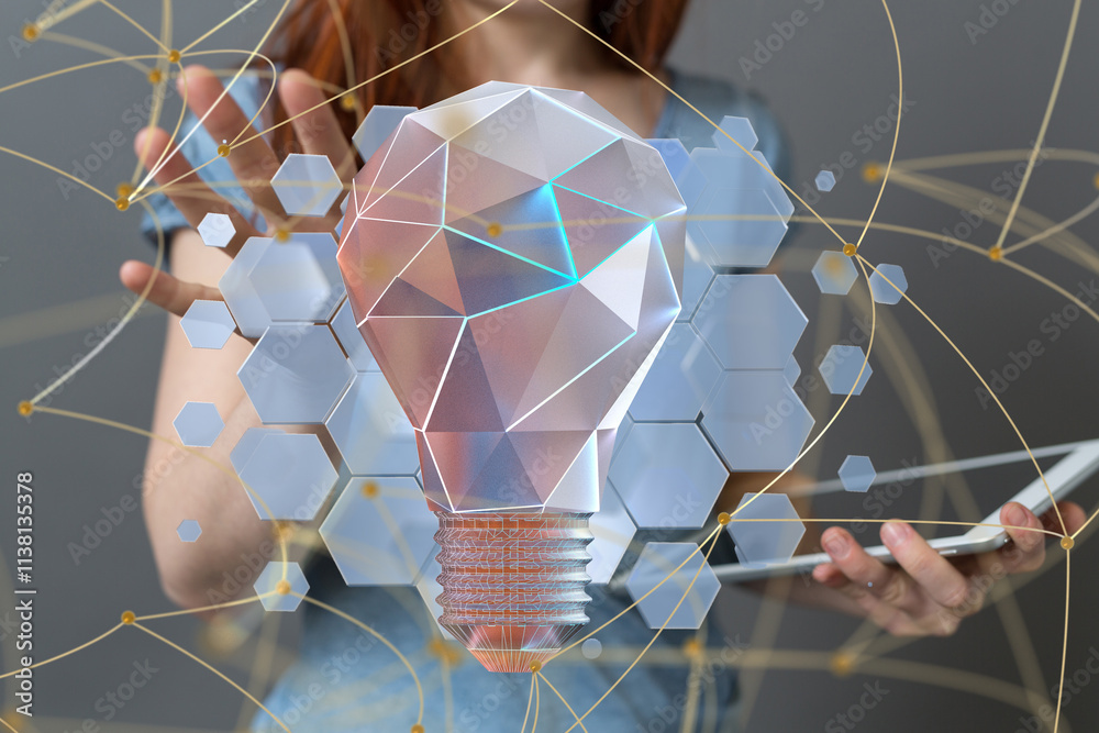 Poster Neural network 3D illustration. Big data and cybersecurity