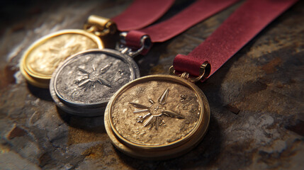 Fototapeta premium Gold, silver, bronze award in 3D with red ribbons.