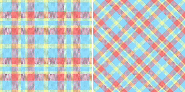 Tartan check fabric of plaid background textile with a seamless vector texture pattern. Set in rainbow colors. Textured wall paint.
