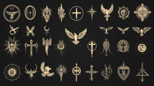 A set of Christian icons including angel, dove, alpha omega, Chi Ro and many more