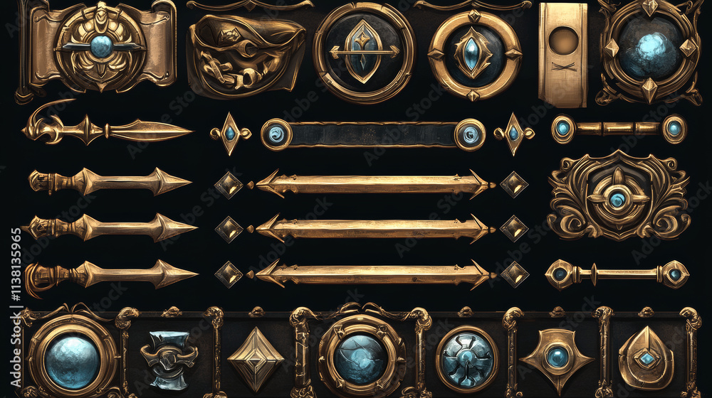 Wall mural game ui elements with gold frames in medieval style. buttons, banners different shapes, progress bar