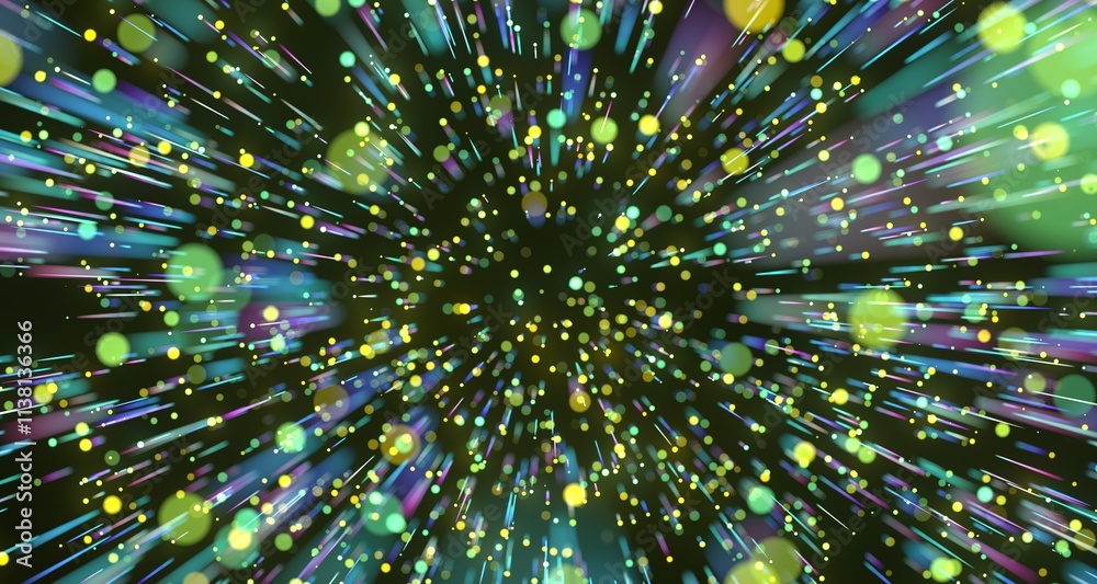 Poster neon streams move along curved trajectory on black