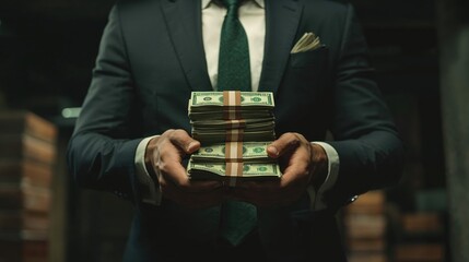 A businessman in a dark suit holds a large stack of bundled US dollar bills, symbolizing wealth, success, and financial power in an elegant, moody setting