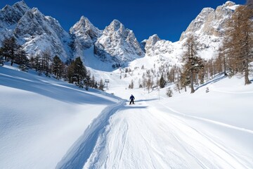 A breathtaking view of snow-covered mountains with a lone skier gracefully gliding down the powdery slope, showcasing the tranquility and beauty of winter sports and nature.