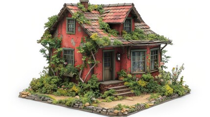 Fototapeta premium Overgrown red house, small scale.