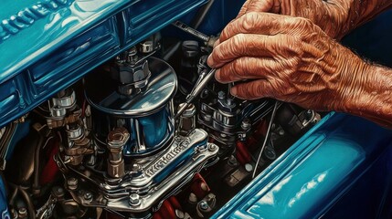 Fototapeta premium A close-up of a mechanic's hands working on a vintage car's engine, with the detailed textures and a crisp light blue backdrop emphasizing precision