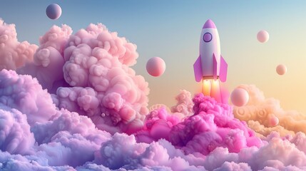 Pastel rocket launching through colorful clouds.