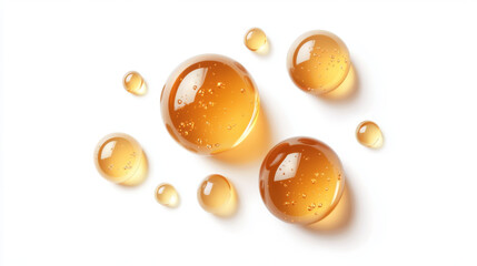 Gold honey or yellow argan oil vector droplet set. Isolated realistic 3d yellow serum liquid drop stain with bubble top view. Keratin cosmetic fluid puddle illustration on transparent background.