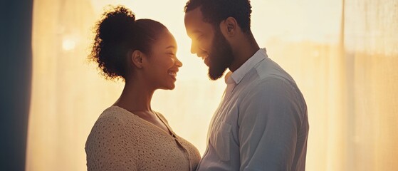 a couple gazes at each other with sunlight behind them
