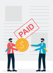 Fototapeta premium Business flat vector concept man give coin to bank manager to redeem confiscated house metaphor of pay debt. Illustration For Wallpaper, Banner, Background, Infographic, Book, And Web Landing Page. 