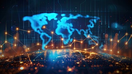 Digital world map with glowing connections representing global data exchange and technology advancements