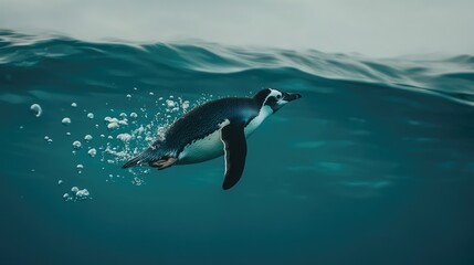 Naklejka premium Penguin Swimming Underwater with Bubbles in Clear Blue Water