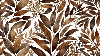 Watercolor leaves and branches painted in Mocha Mousse hues, forming a natural frame on a white background.