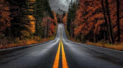 Naklejka premium Beautiful road surrounded by colorful autumn trees