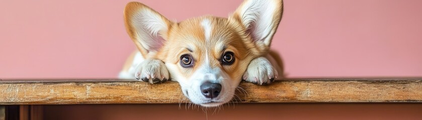 A playful corgi with big ears resting its head on a wooden table.