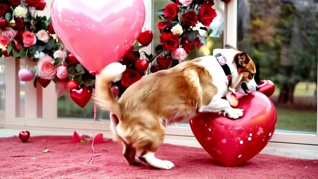 A playful video featuring a pet dog wearing a heart-shaped collar, bowtie, or bandana, interacting with Valentine&rsquo;s Day-themed decorations for a fun and festive celebration.