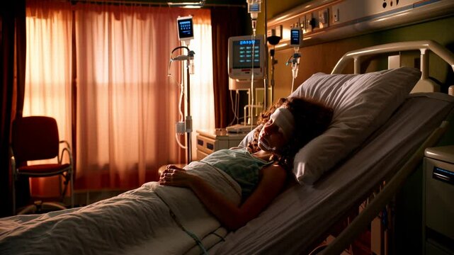 A hospital scene. A young girl in bed connected to a heart monitor, IV circuit, and nasal cannula, exuding calm and resilience.