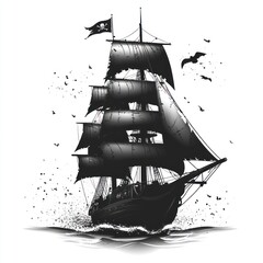 Black pirate ship sailing on the sea with birds.
