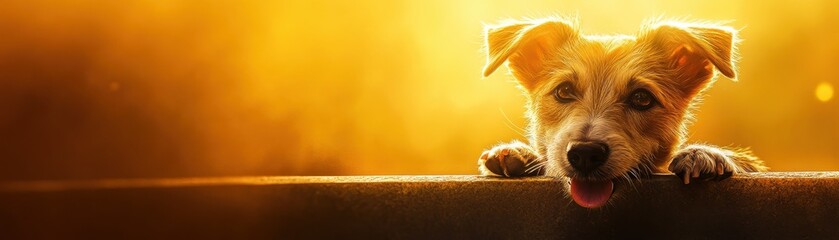 A playful dog leans over a ledge, basking in warm golden light.