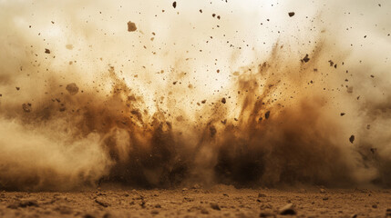 Sand explosion with dirt and cloud smoke vector. Isolated storm effect in desert on transparent background. Brown sandstorm splash with wind texture. Dirty ground abstract spread with flying particles