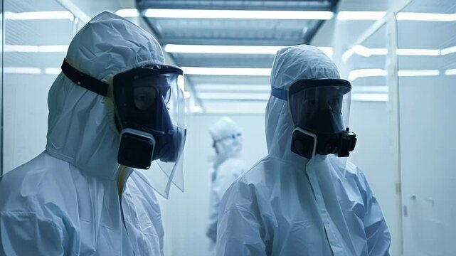 Two engineers in hazmat suits walk through a modern industrial facility, discussing their work and collaborating on innovative projects in a safe, sterile environment
