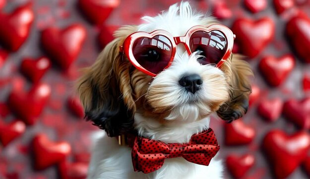 A cute dog wearing heart-shaped sunglasses, collar, and bowtie against a Valentine&rsquo;s Day-themed hearts background