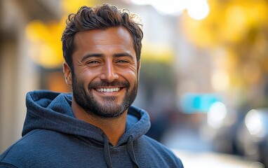 Fototapeta premium man smiling with sweatshirt in room background