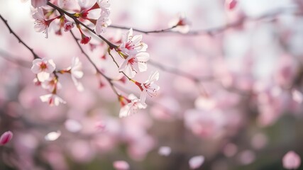 Soft pink sakura petals gently falling against a blurred background, spring, beauty, nature