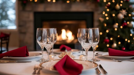 Festive Christmas dinner table setting with elegant tableware red napkins and a cozy fireplace perfect for holiday celebrations and family gatherings