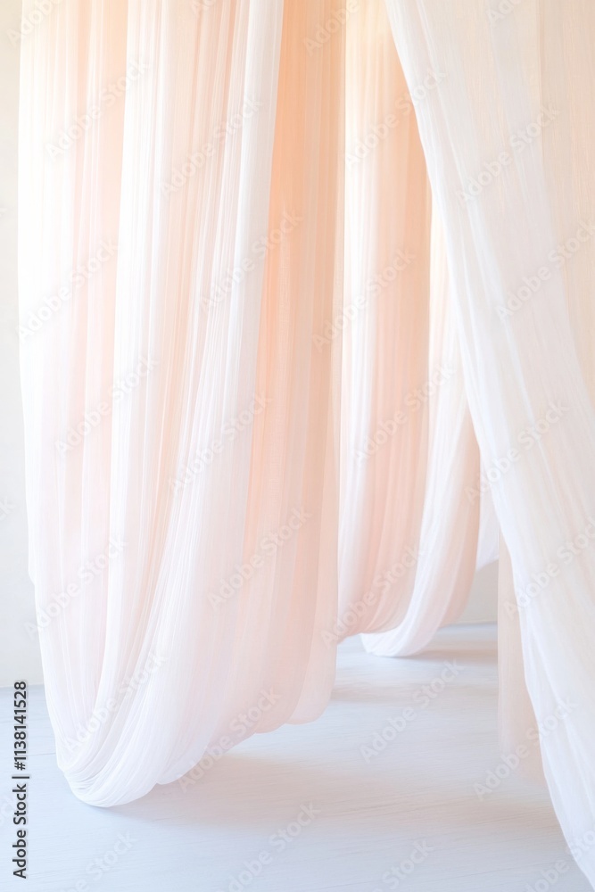 Poster Ethereal Drapes Soft Light on Flowing Textures in Minimalist Gallery Setting