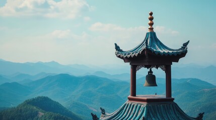 Obraz premium Traditional Asian Pavilion Overlooking Serene Mountain Landscape