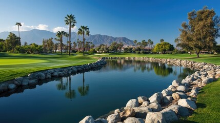 Fototapeta premium Tranquil Golf Course Landscape with Palm Trees and Reflections