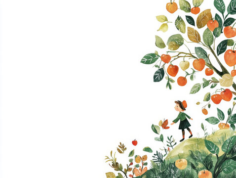 Whimsical Johnny Appleseed celebration illustrated graphic template with copy space.