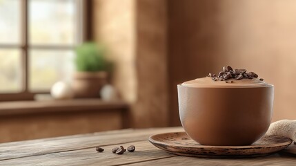 Delicious creamy coffee served with chocolate and coffee beans