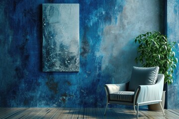 Elegant Silver Painting in Blue Room with Armchair and Green Plant