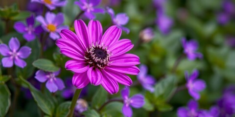 Obraz premium Vibrant purple flower petals and leaves on a soft blurry background, nature, petals, flower