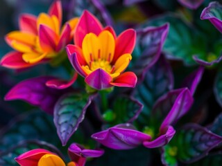 Fototapeta premium Vibrant purple flower petals and lush green leaves in a close-up shot, vibrant, flower, close-up