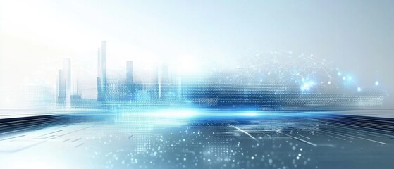 Fototapeta premium Futuristic Cityscape: Abstract Digital Data Network and City Skyline