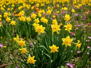 Fototapeta premium Vibrant yellow daffodil flowers sway in a field under the bright sun, petals, plant