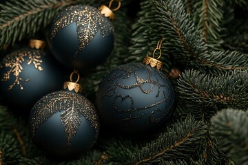 Christmas Baubles With Gold Glitter On Fir Tree Branches 