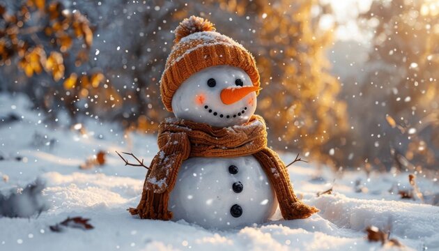 snowman with a hat and scarf is sitting on the ground,AI-Generated, ideal for winter-themed designs, holiday greetings, festive decorations. - Powered by Adobe