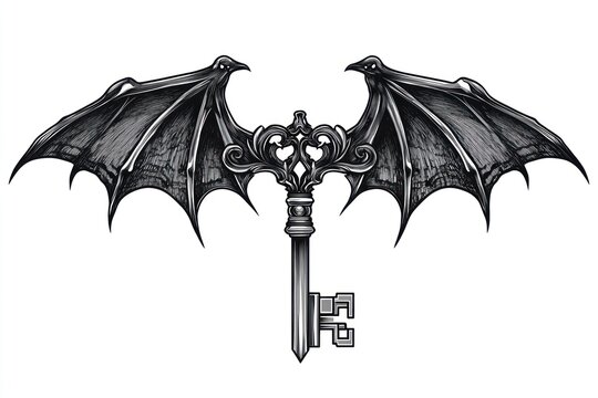 Ornate key with bat wings, gothic style, dark fantasy illustration.