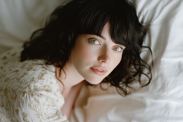 a woman with dark hair lies on a white sheet