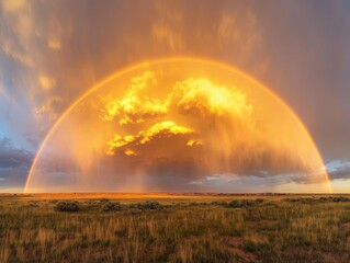 A stunning rainbow arches across a vast prairie landscape with dramatic storm clouds