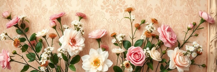 Fototapeta premium Vintage style background of an artificial flowers wall, perfect for adding a touch of elegance to any design project, elegant, artificial, decor