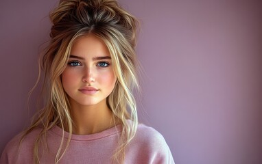 smiling beauty woman with casual sweatshirt in color background