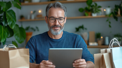 Smiling Man Using Tablet Indoors Surrounded by Shopping Bags and Plants in a Cozy Home Setting