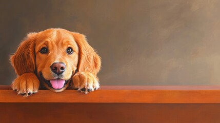 A playful golden retriever puppy resting its paws on a wooden surface, looking joyful.