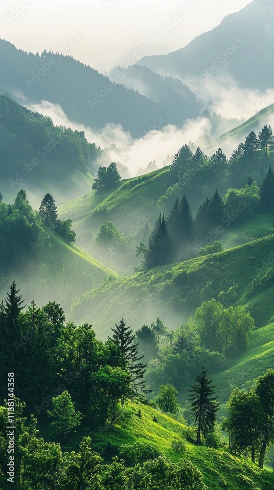Poster a lush green forest with trees and hills in the background