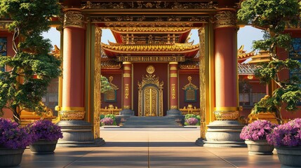 Naklejka premium Majestic Temple Entrance with Golden Details and Colorful Flowers